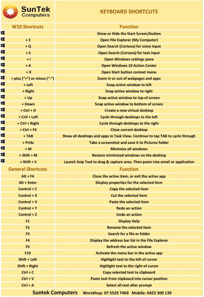 Windows10 Keyboard Shortcuts ⋆ SunTek Computers
